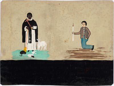 A man holding a candle kneeling before a man holding a cross surrounded by animals at his feet.