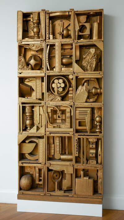 A large wooden box divided into square compartments filled with gold-painted objects.