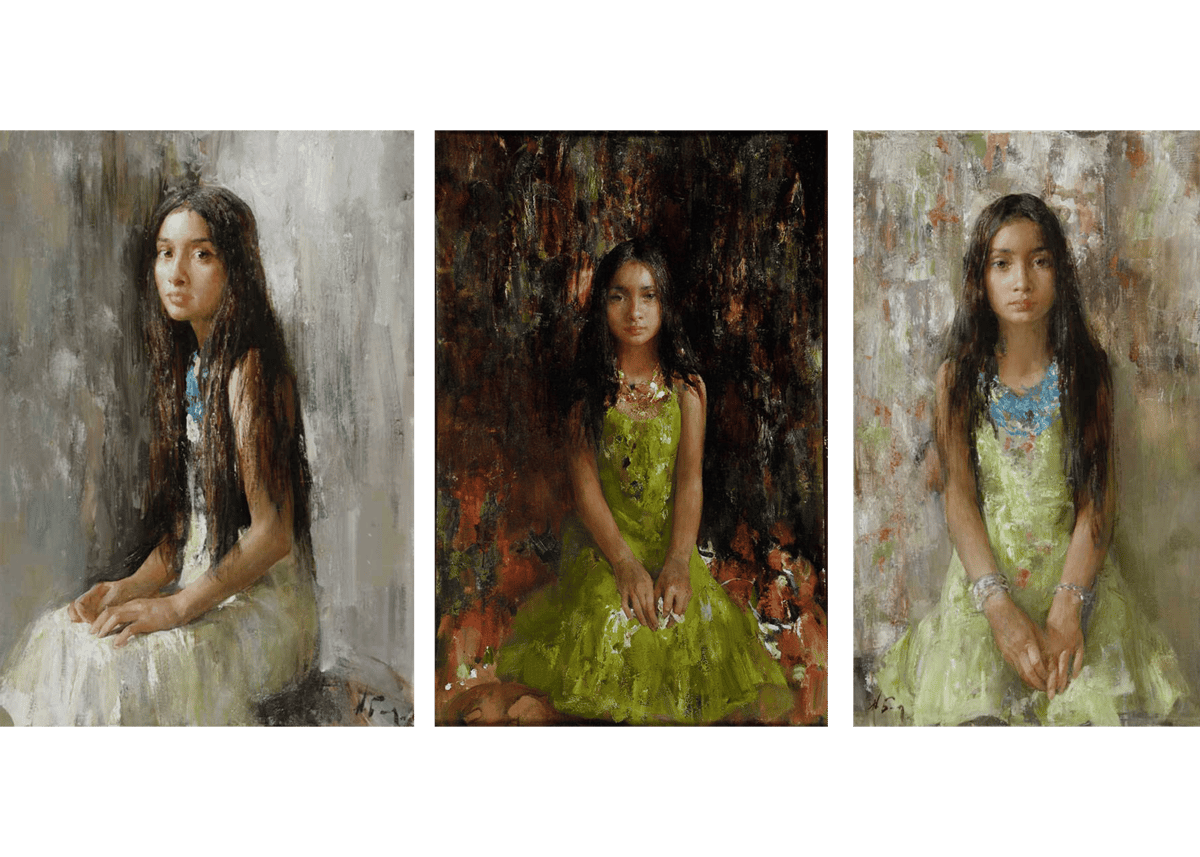 Triptych of a young girl in various portrait settings with expressive brushwork.