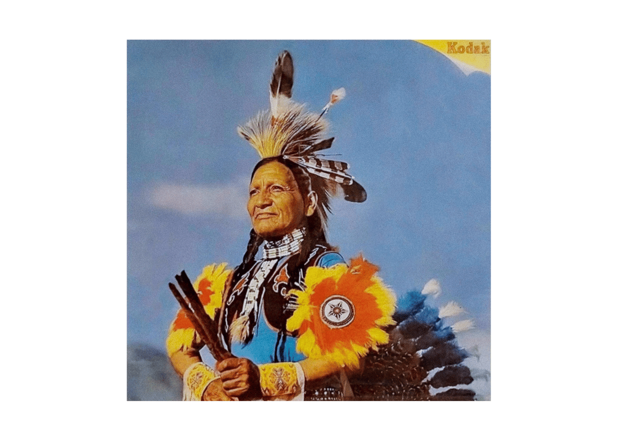 A person in traditional attire with a feathered headdress against a blue sky.