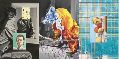 A tripartite oil on canvas painting by David Salle that divides the frame into multiple rectangles, each one upending different tropes: portraiture, narrative, and still life.