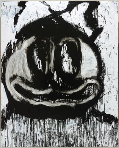 A black monochrome enamal and metallic painting on linen of a cartoony character or figure.