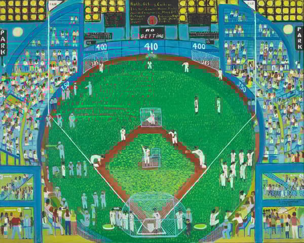 A painting of a baseball game with a very flattened perspectival treatment.