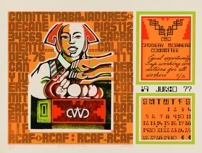 Stylized portrait of a person with a megaphone, surrounded by geometric patterns and text.