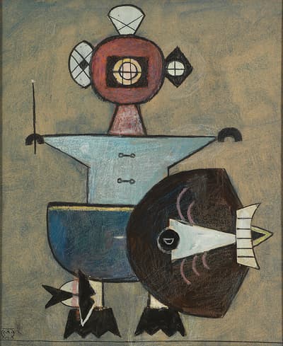 Abstract figure with a geometric head, blue torso, and dark, curved lower section on a beige background.