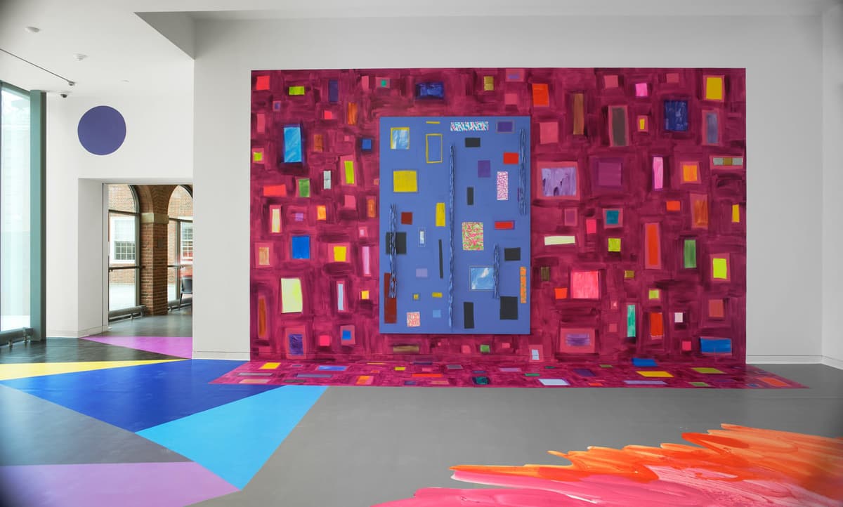 Installation view of Sarah Cain: hand in hand, William D. Adams Lobby, Colby College Museum of Art, Waterville, Maine, 2022. Photo: Trent Bell