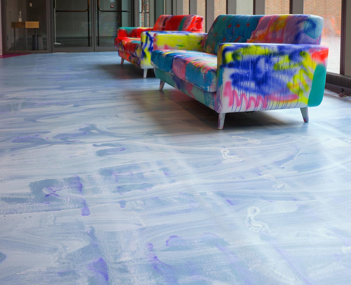 Installation view of Sarah Cain: hand in hand, William D. Adams Lobby, Colby College Museum of Art, Waterville, Maine, 2022. Photo: Luc Demers