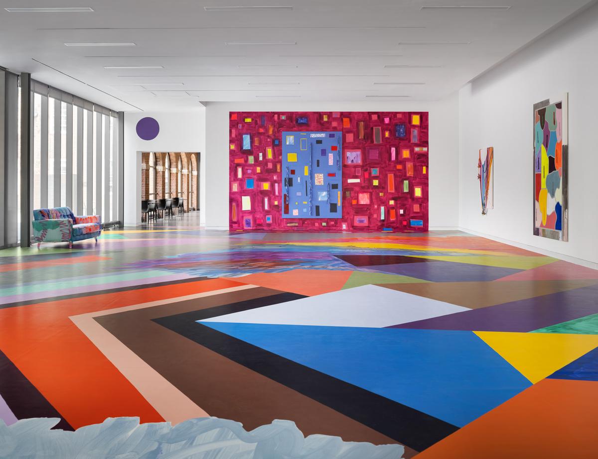 Installation view of Sarah Cain: hand in hand, William D. Adams Lobby, Colby College Museum of Art, Waterville, Maine, 2022. Photo: Trent Bell