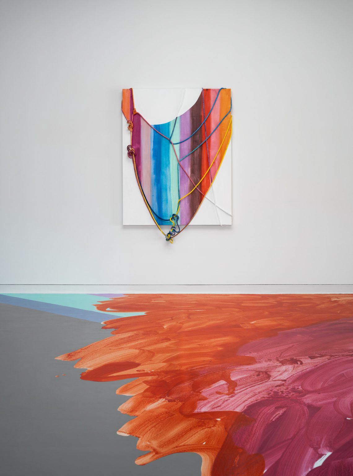Installation view of Sarah Cain: hand in hand, William D. Adams Lobby, Colby College Museum of Art, Waterville, Maine, 2022. Photo: Trent Bell