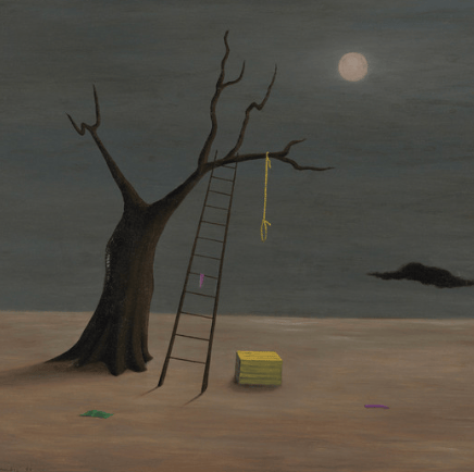 Oil on masonite painting by Gertrude Abercrombie of a tree with a ladder and a noose.