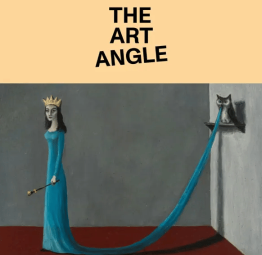 Graphic design for the podcast with their light orange logo pasted on top of an oil on canvas painting by Gertrude Abercrombie of a queen in a blue gown being held up by an owl.