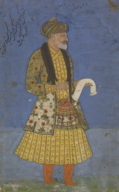 A watercolor portrait of a man wearing yellow and green clothing depicted against a blue background.