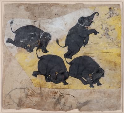 Four elephants surrounded by two small human figures.