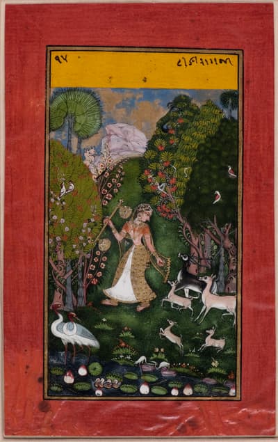 A woman depicted in a garden surrounded by a variety of animals against a red background.