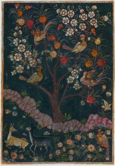 A large tree with blooming flowers surrounded by birds and other animals against a green background.