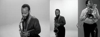 A still of a two-channel video showing musicians playing saxophone and trombone