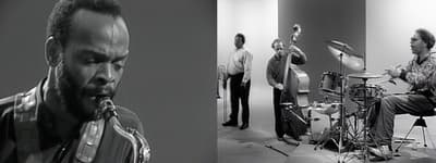Still from two-channel video showing a saxophone player on the left and a bass player and drummer on the right.