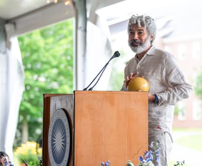 Artist Fred Wilson accepting award at Colby Museum Summer Luncheon
