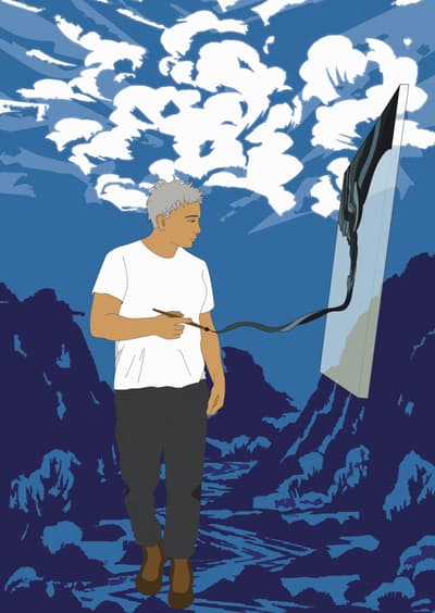 Person painting a canvas with a paintbrush in a stylized mountainous landscape under a dramatic cloud-filled sky.