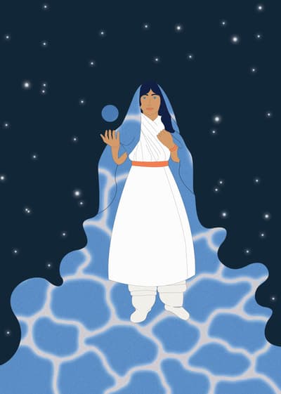 Illustration of a woman in a white gown with a blue veil, holding a blue orb against a starry sky.