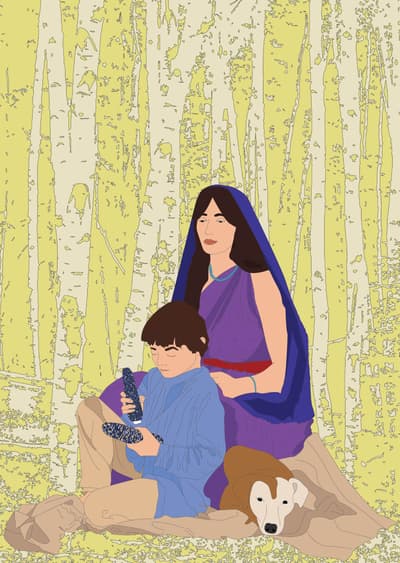 A woman and child in a forest setting, holding corn, with a dog resting beside them.