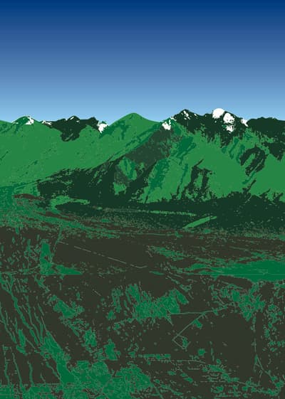 Stylized illustration of a green mountain range with snow-capped peaks under a blue sky.