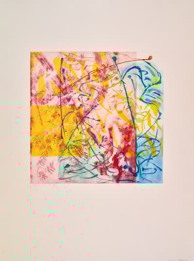 Abstract artwork with vibrant colors and dynamic lines on a white background featuring yellow, blue, and red sections.