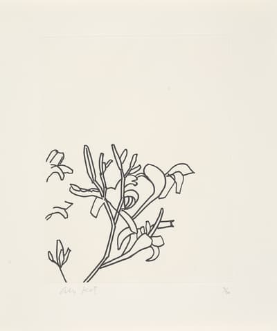 Black and white line drawing of branches with leaves.