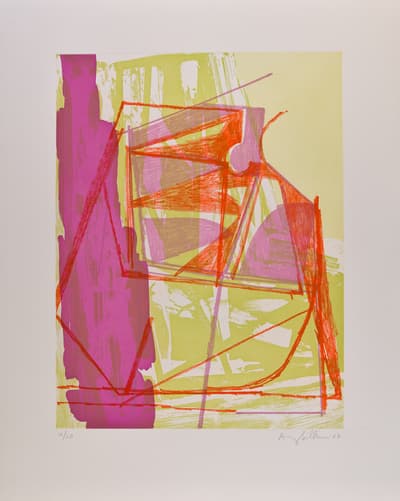 An abstract soft ground etching by Amy Sillman with sugar lift and soap in bright fuschia layered over pale green patterning.