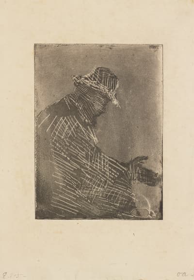 An etching by Mary Cassatt of the profile of a man in a hat with his hands outstretched.