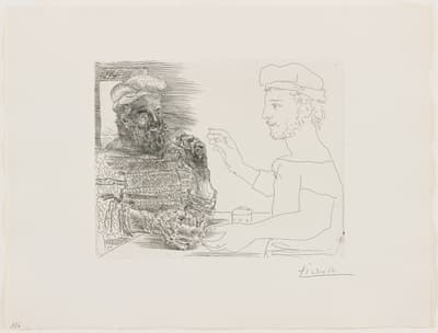 A detailed drawing features two contrasting figures, one richly textured and the other simply outlined.