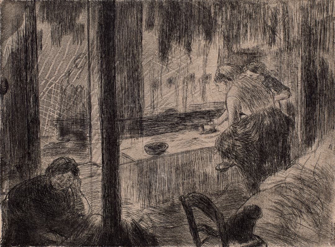 Monochromatic etching of two women at a table in a dimly lit room. A small bowl is on the table.