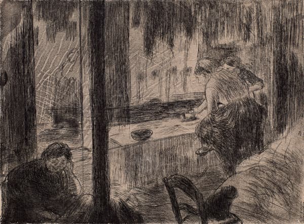 Monochromatic etching of two women at a table in a dimly lit room. A small bowl is on the table.