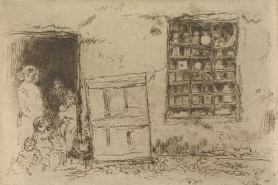An 1886 etching in dark brown ink on ivory paper of the Village Sweet Shop by James McNeill Whistler