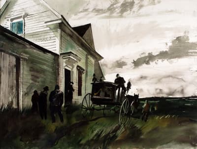 Watercolor painting of a house with people and a horse-drawn carriage under a cloudy sky.