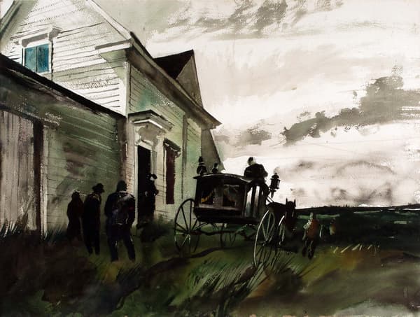 Watercolor painting of a house with people and a horse-drawn carriage under a cloudy sky.