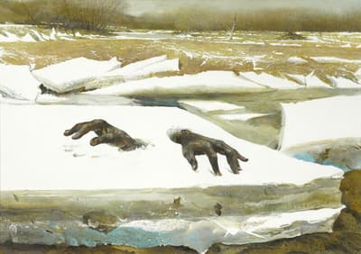 A painting of two hands emerging from snow in a barren winter landscape with distant trees.