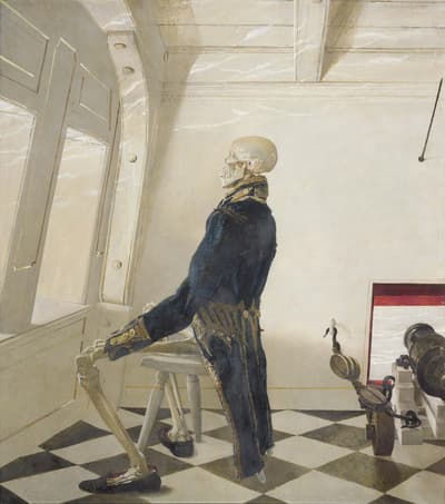 A skeleton in a naval uniform sits on a chair, looking out a window in a room with a checkered floor and a cannon.