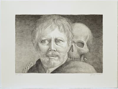 A pencil drawing of a man with a beard next to a human skull.