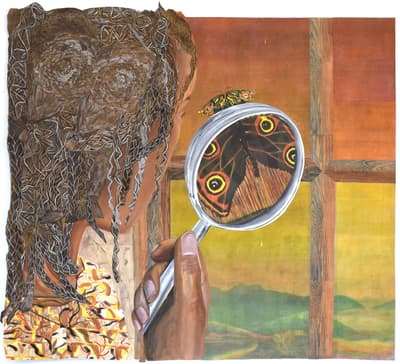 A person holds a magnifying glass focusing on a butterfly's wing near a window with a sunset horizon.