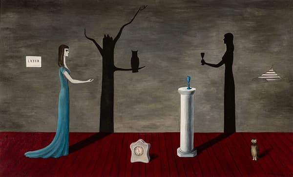 Painting of a woman in a blue dress holding out her hand in front of a tree and facing her shadow.