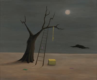 Painting by Gertrude Abercrombie. Tree with ladder and noose in a surreal, dream-like setting.