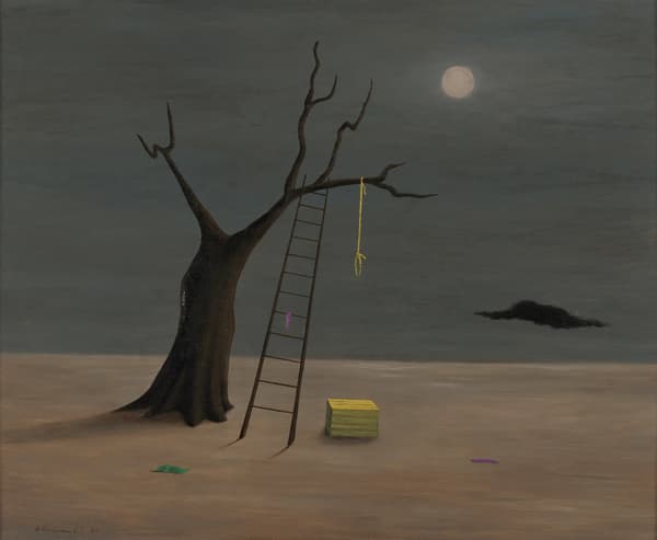 Painting by Gertrude Abercrombie. Tree with ladder and noose in a surreal, dream-like setting.