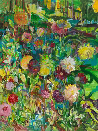 A colorful painting of a dense garden with various flowers and foliage in shades of red, pink, yellow, and green.