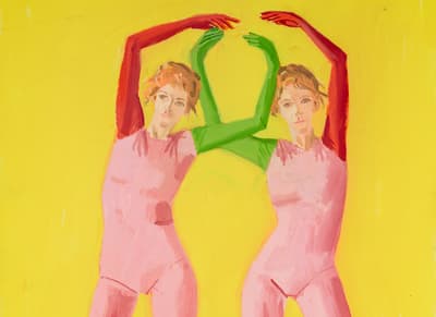 Painting of two identical figures wearing pink jumpsuits with one red and one green arm. They hold their arms arched and above their heads, leaning towards eachother.