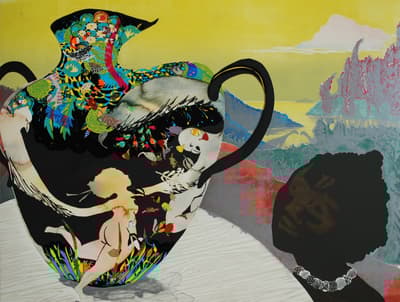 Collaged and non-figurative depiction of a silhouetted figure looking up at a Grecian inspired vase with a mountainous background.