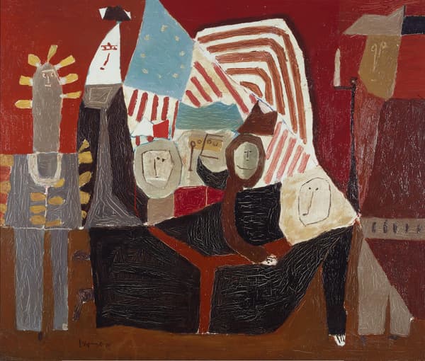 In an oil painting by artist Roy Lichtenstein titled Death of the General, an abstract painting with geometric shapes depicting five stylized human figures. The background is predominantly red, with various textured patterns and muted colors.