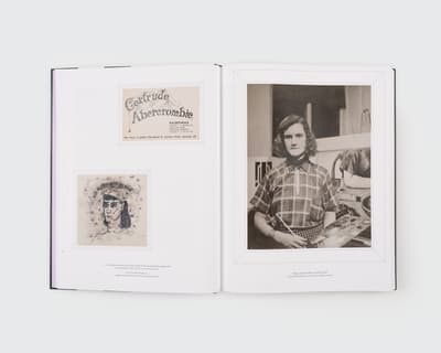 Open book with a black and white photograph on the right of a woman and a two sketchs on the right depicting a profile and a card with the text "Gertrude Abercrombie"