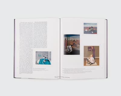 Open page of a book. On the left page is text and an image, on the right page is three images and captions.