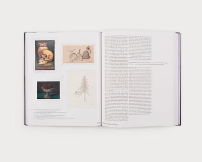 Open page of a book. On the left page are four images and on the right is text.
